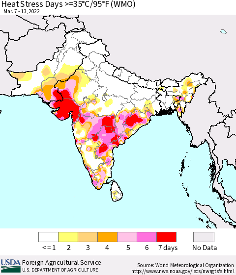 Southern Asia Heat Stress Days >=35°C/95°F (WMO) Thematic Map For 3/7/2022 - 3/13/2022