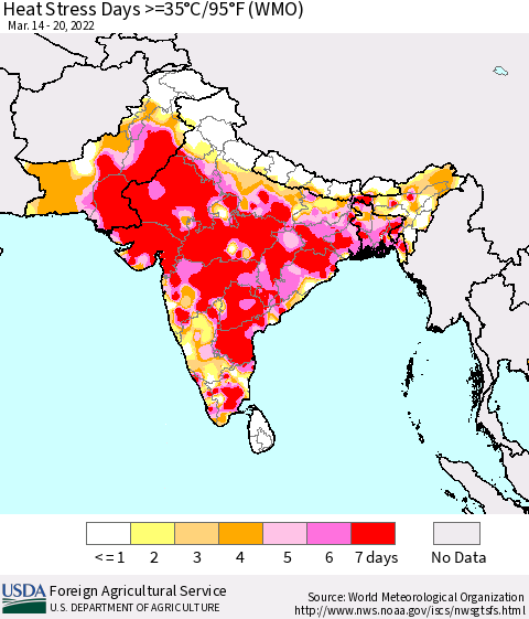Southern Asia Heat Stress Days >=35°C/95°F (WMO) Thematic Map For 3/14/2022 - 3/20/2022