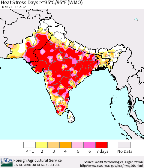Southern Asia Heat Stress Days >=35°C/95°F (WMO) Thematic Map For 3/21/2022 - 3/27/2022