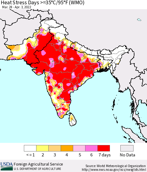 Southern Asia Heat Stress Days >=35°C/95°F (WMO) Thematic Map For 3/28/2022 - 4/3/2022