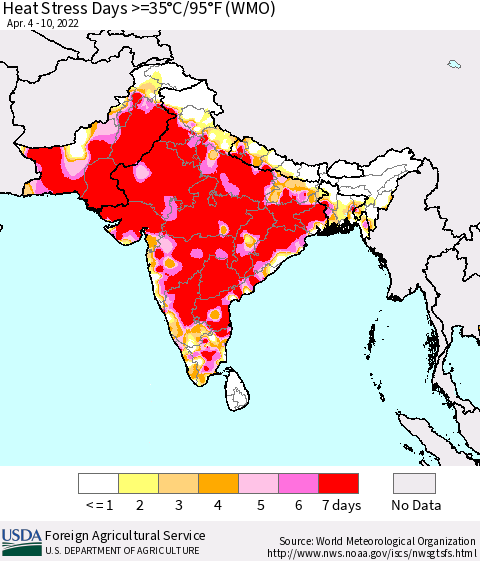 Southern Asia Heat Stress Days >=35°C/95°F (WMO) Thematic Map For 4/4/2022 - 4/10/2022
