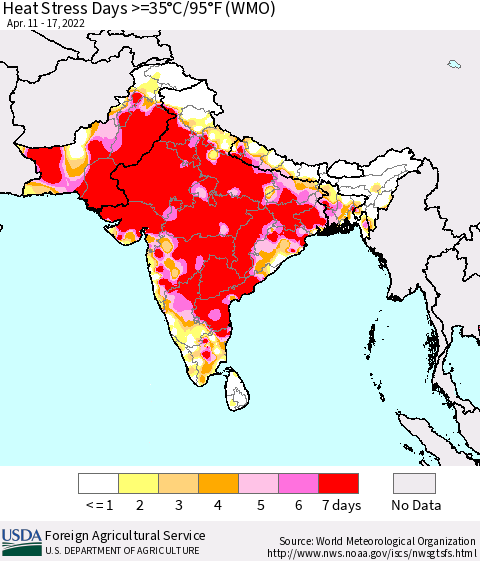 Southern Asia Heat Stress Days >=35°C/95°F (WMO) Thematic Map For 4/11/2022 - 4/17/2022