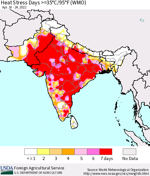Southern Asia Heat Stress Days >=35°C/95°F (WMO) Thematic Map For 4/18/2022 - 4/24/2022