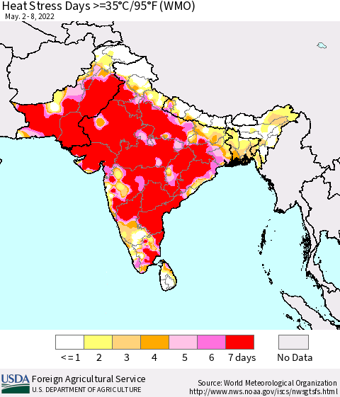 Southern Asia Heat Stress Days >=35°C/95°F (WMO) Thematic Map For 5/2/2022 - 5/8/2022