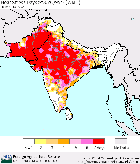 Southern Asia Heat Stress Days >=35°C/95°F (WMO) Thematic Map For 5/9/2022 - 5/15/2022