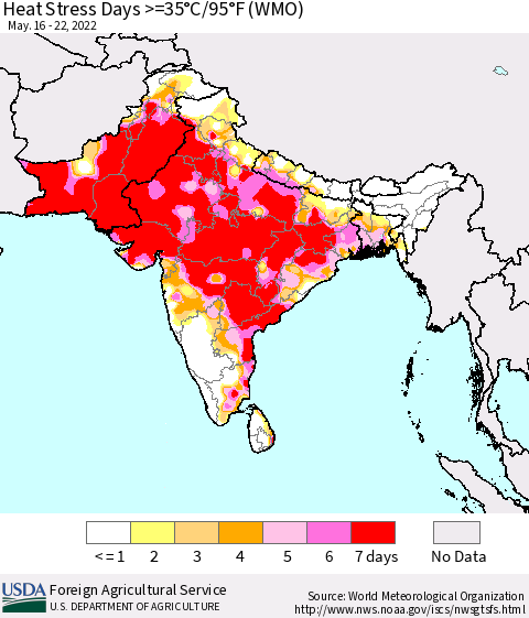 Southern Asia Heat Stress Days >=35°C/95°F (WMO) Thematic Map For 5/16/2022 - 5/22/2022