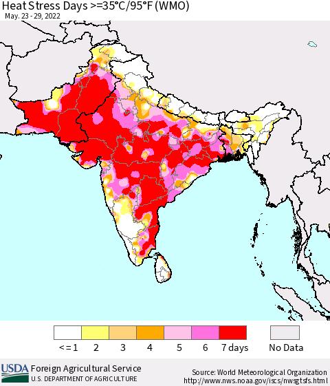 Southern Asia Heat Stress Days >=35°C/95°F (WMO) Thematic Map For 5/23/2022 - 5/29/2022