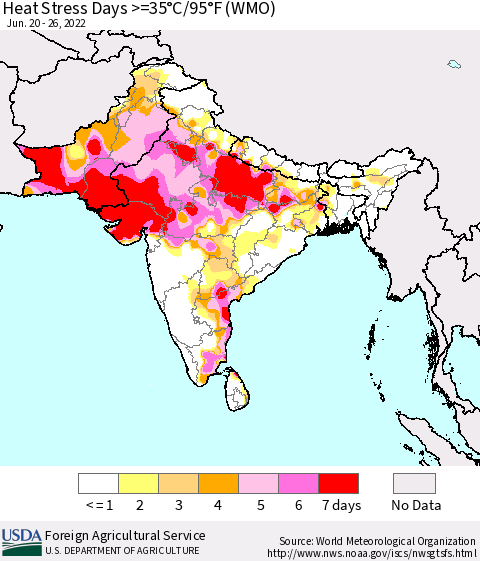 Southern Asia Heat Stress Days >=35°C/95°F (WMO) Thematic Map For 6/20/2022 - 6/26/2022