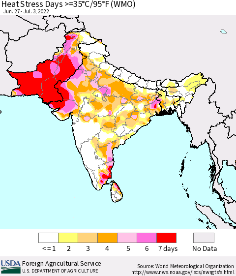 Southern Asia Heat Stress Days >=35°C/95°F (WMO) Thematic Map For 6/27/2022 - 7/3/2022