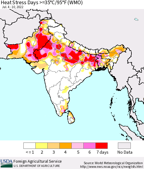 Southern Asia Heat Stress Days >=35°C/95°F (WMO) Thematic Map For 7/4/2022 - 7/10/2022