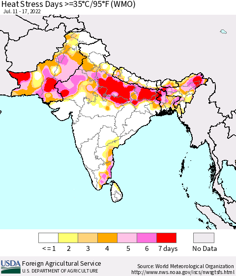 Southern Asia Heat Stress Days >=35°C/95°F (WMO) Thematic Map For 7/11/2022 - 7/17/2022