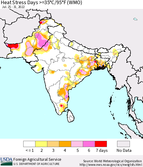 Southern Asia Heat Stress Days >=35°C/95°F (WMO) Thematic Map For 7/25/2022 - 7/31/2022