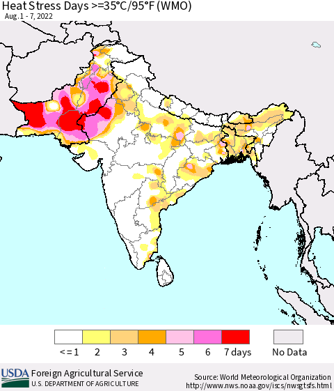 Southern Asia Heat Stress Days >=35°C/95°F (WMO) Thematic Map For 8/1/2022 - 8/7/2022