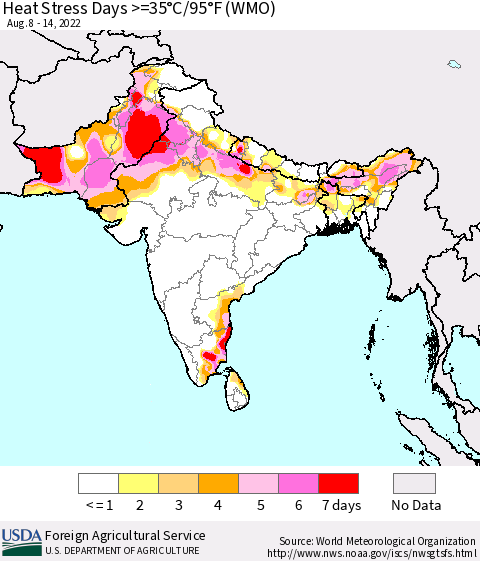 Southern Asia Heat Stress Days >=35°C/95°F (WMO) Thematic Map For 8/8/2022 - 8/14/2022
