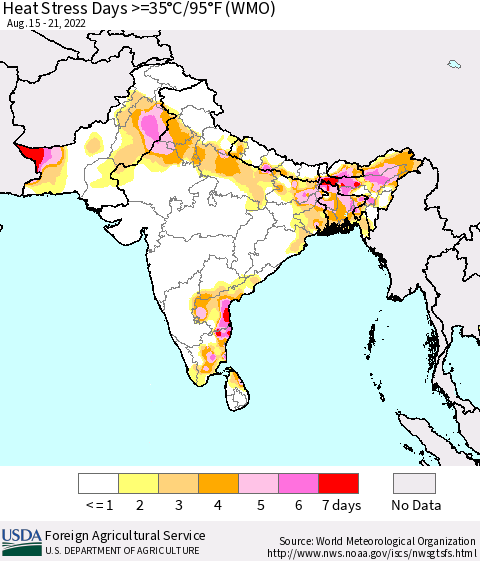 Southern Asia Heat Stress Days >=35°C/95°F (WMO) Thematic Map For 8/15/2022 - 8/21/2022