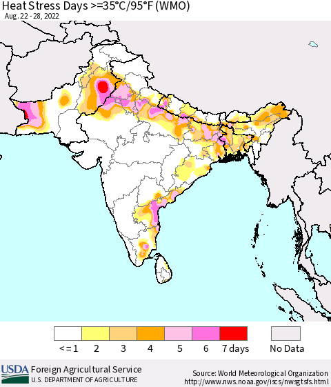 Southern Asia Heat Stress Days >=35°C/95°F (WMO) Thematic Map For 8/22/2022 - 8/28/2022
