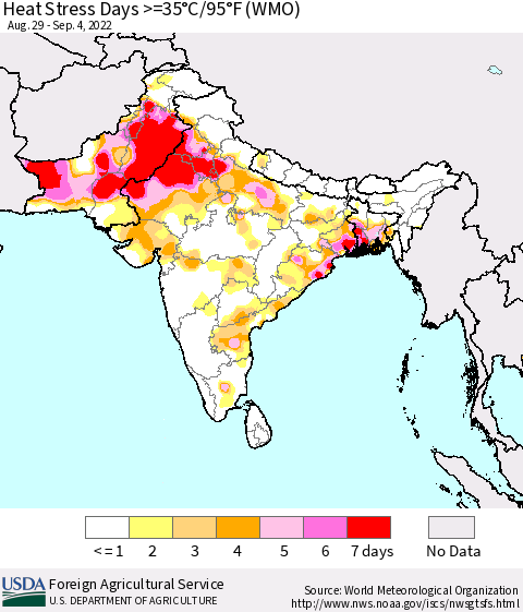 Southern Asia Heat Stress Days >=35°C/95°F (WMO) Thematic Map For 8/29/2022 - 9/4/2022