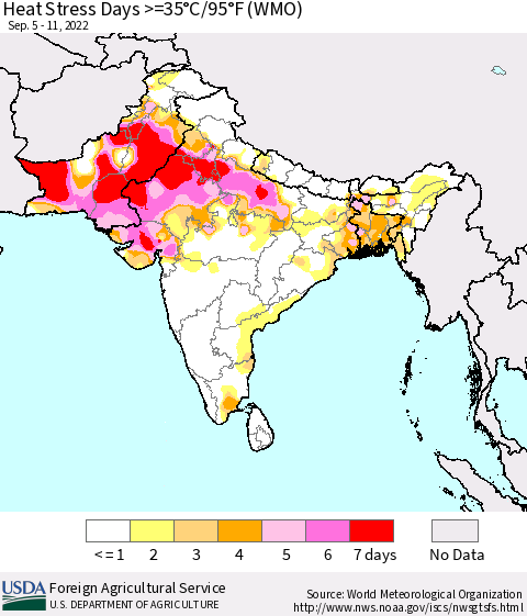 Southern Asia Heat Stress Days >=35°C/95°F (WMO) Thematic Map For 9/5/2022 - 9/11/2022