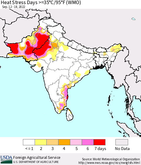 Southern Asia Heat Stress Days >=35°C/95°F (WMO) Thematic Map For 9/12/2022 - 9/18/2022