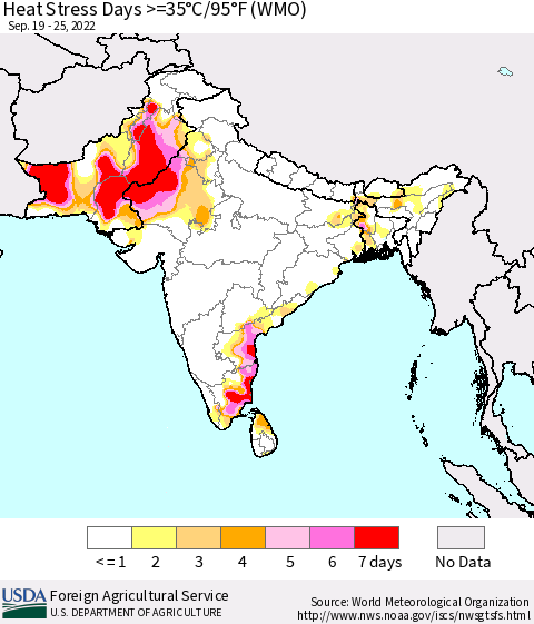 Southern Asia Heat Stress Days >=35°C/95°F (WMO) Thematic Map For 9/19/2022 - 9/25/2022