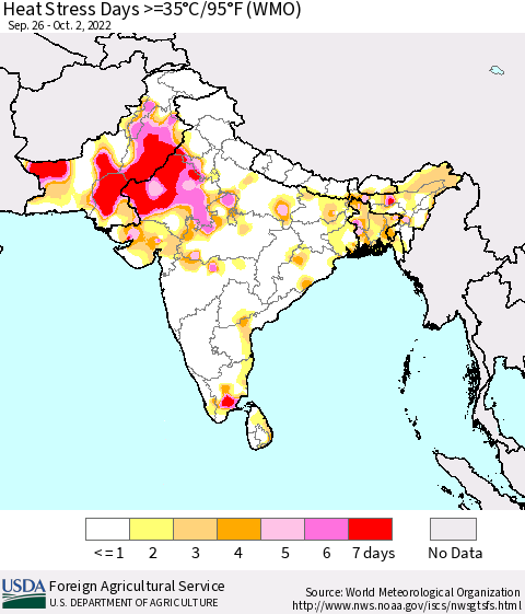 Southern Asia Heat Stress Days >=35°C/95°F (WMO) Thematic Map For 9/26/2022 - 10/2/2022