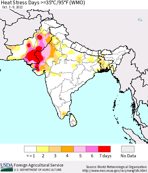 Southern Asia Heat Stress Days >=35°C/95°F (WMO) Thematic Map For 10/3/2022 - 10/9/2022