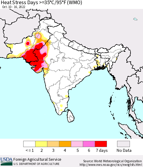 Southern Asia Heat Stress Days >=35°C/95°F (WMO) Thematic Map For 10/10/2022 - 10/16/2022