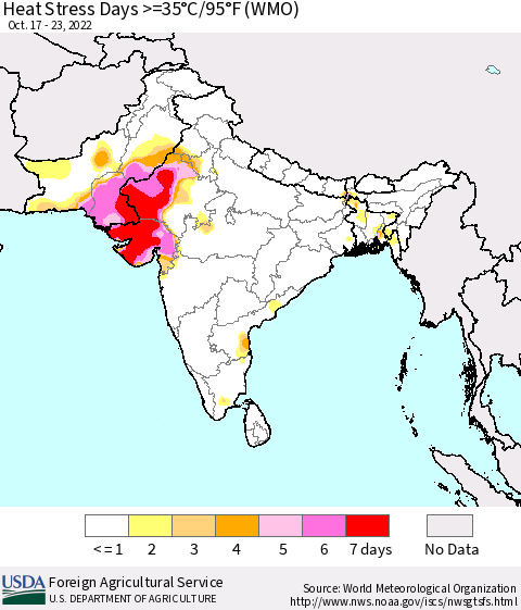 Southern Asia Heat Stress Days >=35°C/95°F (WMO) Thematic Map For 10/17/2022 - 10/23/2022