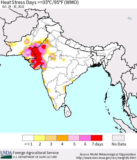 Southern Asia Heat Stress Days >=35°C/95°F (WMO) Thematic Map For 10/24/2022 - 10/30/2022