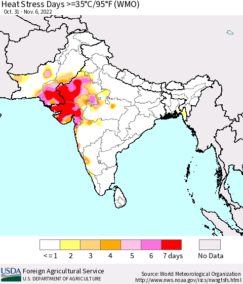 Southern Asia Heat Stress Days >=35°C/95°F (WMO) Thematic Map For 10/31/2022 - 11/6/2022
