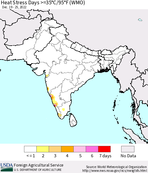 Southern Asia Heat Stress Days >=35°C/95°F (WMO) Thematic Map For 12/19/2022 - 12/25/2022
