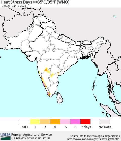 Southern Asia Heat Stress Days >=35°C/95°F (WMO) Thematic Map For 12/26/2022 - 1/1/2023