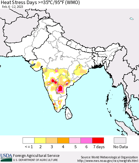 Southern Asia Heat Stress Days >=35°C/95°F (WMO) Thematic Map For 2/6/2023 - 2/12/2023