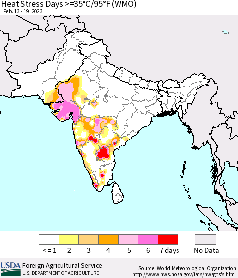 Southern Asia Heat Stress Days >=35°C/95°F (WMO) Thematic Map For 2/13/2023 - 2/19/2023