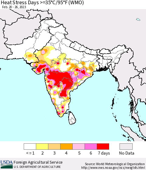 Southern Asia Heat Stress Days >=35°C/95°F (WMO) Thematic Map For 2/20/2023 - 2/26/2023