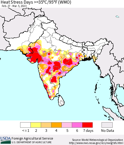 Southern Asia Heat Stress Days >=35°C/95°F (WMO) Thematic Map For 2/27/2023 - 3/5/2023