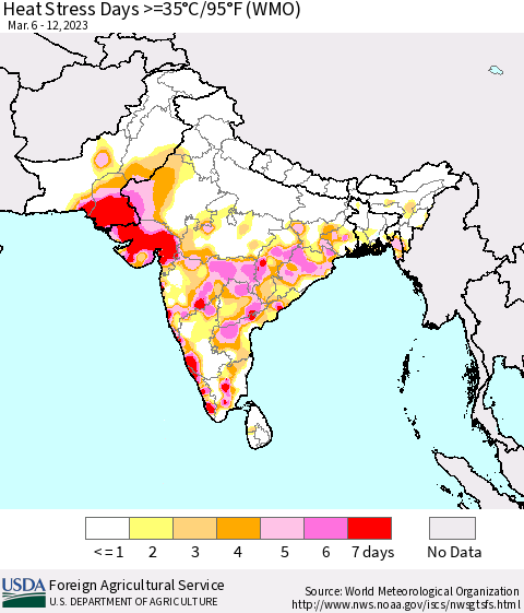 Southern Asia Heat Stress Days >=35°C/95°F (WMO) Thematic Map For 3/6/2023 - 3/12/2023