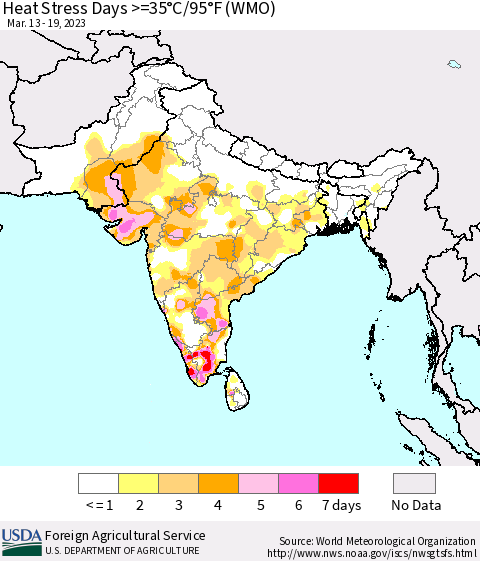 Southern Asia Heat Stress Days >=35°C/95°F (WMO) Thematic Map For 3/13/2023 - 3/19/2023