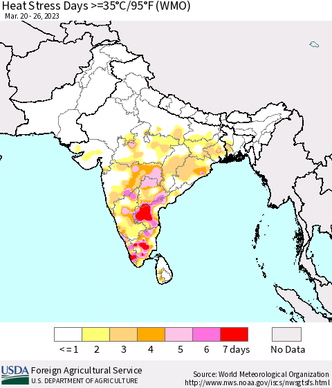 Southern Asia Heat Stress Days >=35°C/95°F (WMO) Thematic Map For 3/20/2023 - 3/26/2023