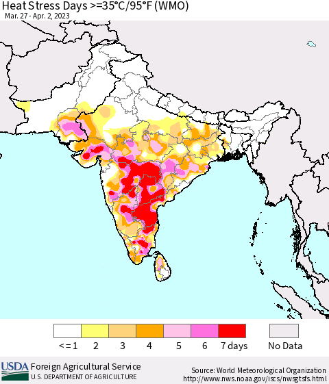 Southern Asia Heat Stress Days >=35°C/95°F (WMO) Thematic Map For 3/27/2023 - 4/2/2023