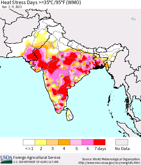 Southern Asia Heat Stress Days >=35°C/95°F (WMO) Thematic Map For 4/3/2023 - 4/9/2023