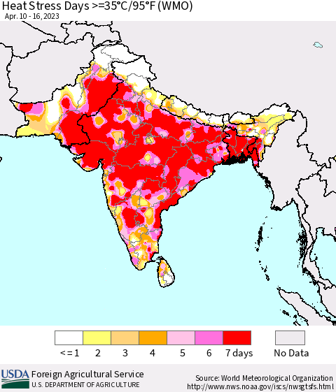 Southern Asia Heat Stress Days >=35°C/95°F (WMO) Thematic Map For 4/10/2023 - 4/16/2023