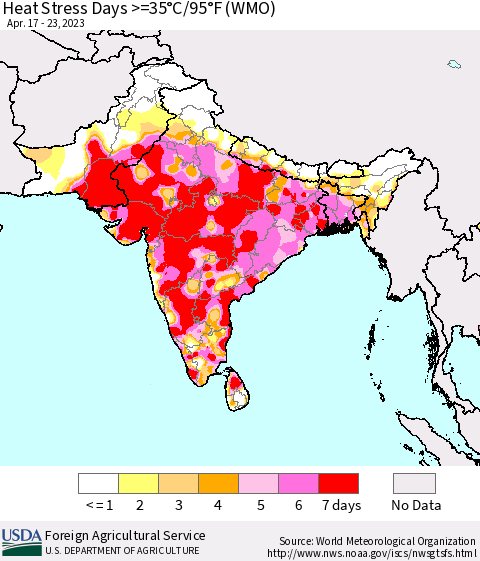 Southern Asia Heat Stress Days >=35°C/95°F (WMO) Thematic Map For 4/17/2023 - 4/23/2023