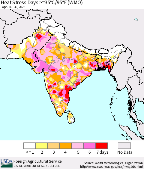 Southern Asia Heat Stress Days >=35°C/95°F (WMO) Thematic Map For 4/24/2023 - 4/30/2023