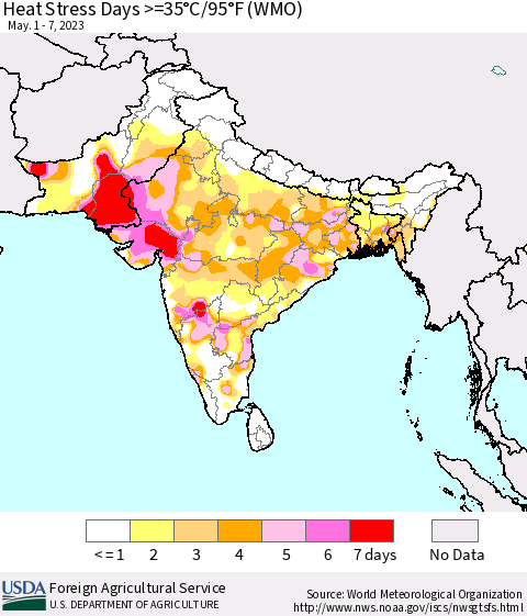 Southern Asia Heat Stress Days >=35°C/95°F (WMO) Thematic Map For 5/1/2023 - 5/7/2023