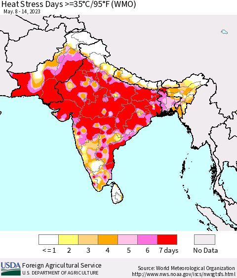 Southern Asia Heat Stress Days >=35°C/95°F (WMO) Thematic Map For 5/8/2023 - 5/14/2023