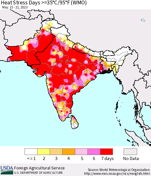 Southern Asia Heat Stress Days >=35°C/95°F (WMO) Thematic Map For 5/15/2023 - 5/21/2023