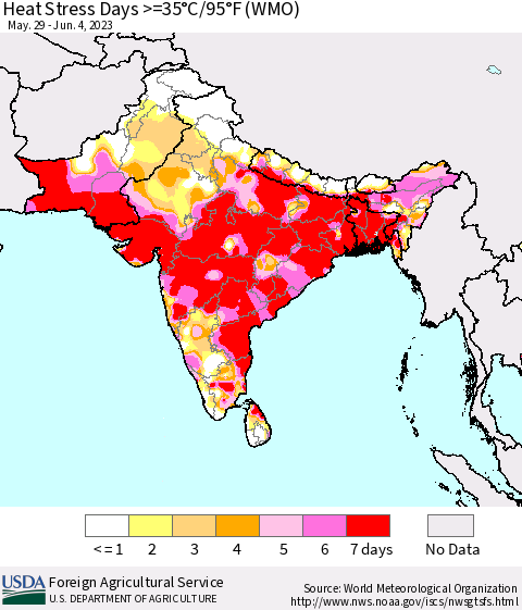 Southern Asia Heat Stress Days >=35°C/95°F (WMO) Thematic Map For 5/29/2023 - 6/4/2023