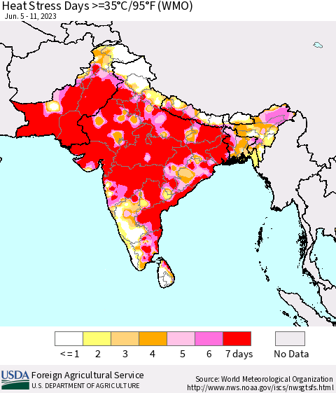 Southern Asia Heat Stress Days >=35°C/95°F (WMO) Thematic Map For 6/5/2023 - 6/11/2023