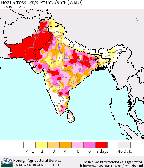 Southern Asia Heat Stress Days >=35°C/95°F (WMO) Thematic Map For 6/19/2023 - 6/25/2023